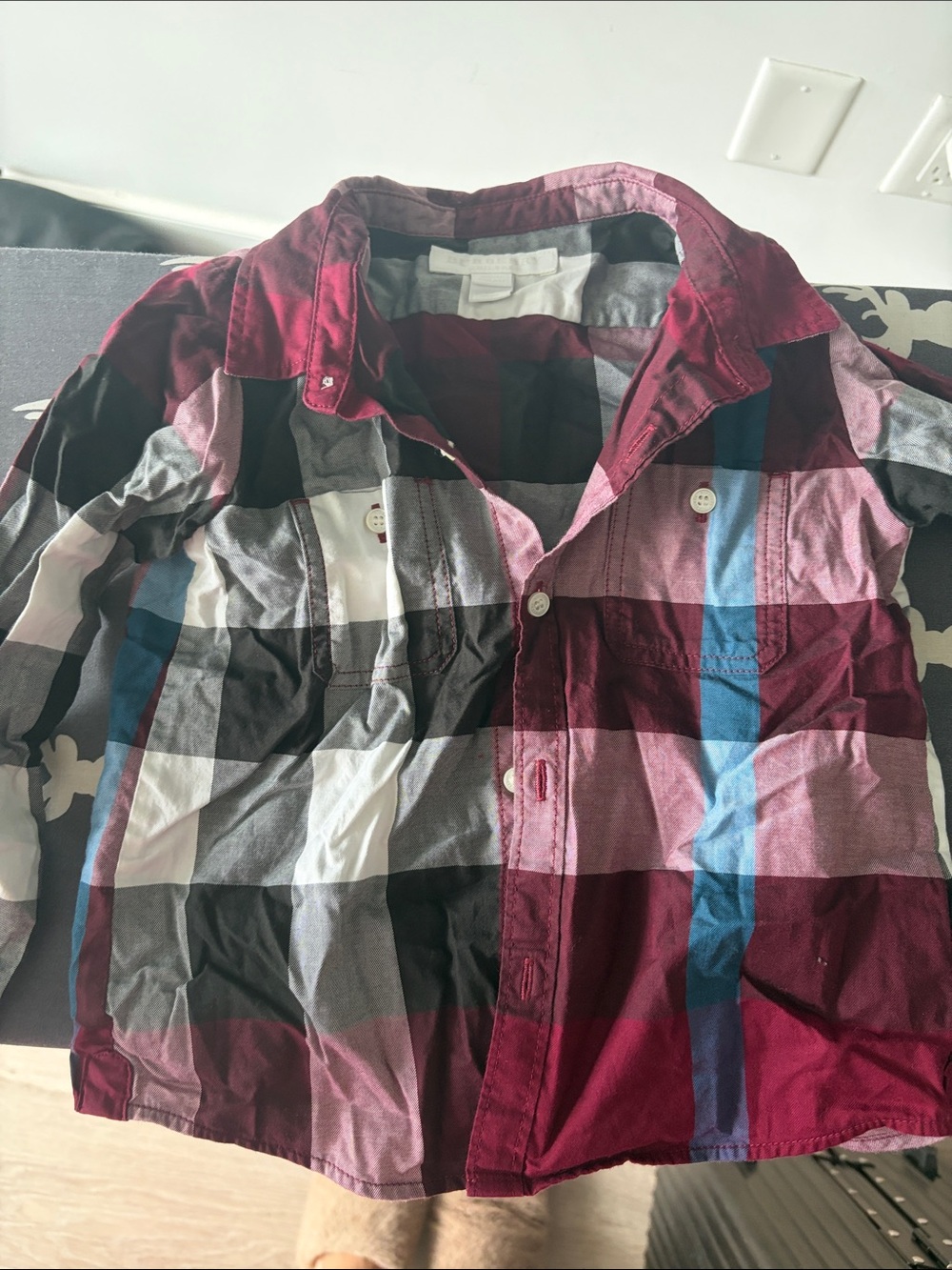 Burberry Plaid Button-Up Shirt - Burgundy, Black, Gray